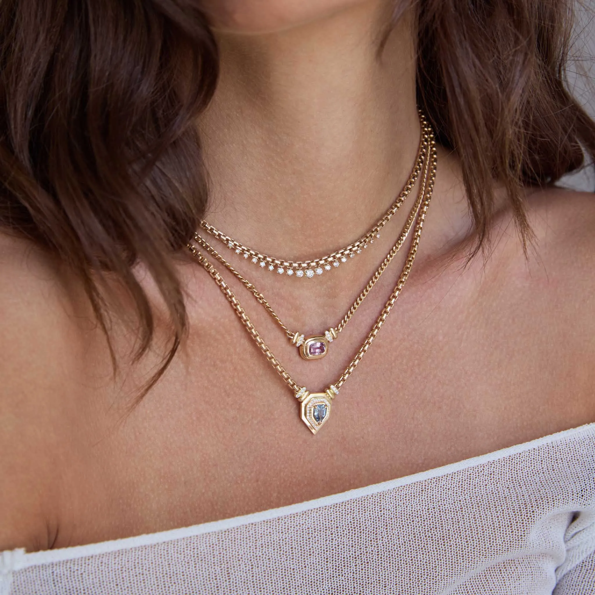 14k Graduated Prong Diamond Large Box Chain Necklace
