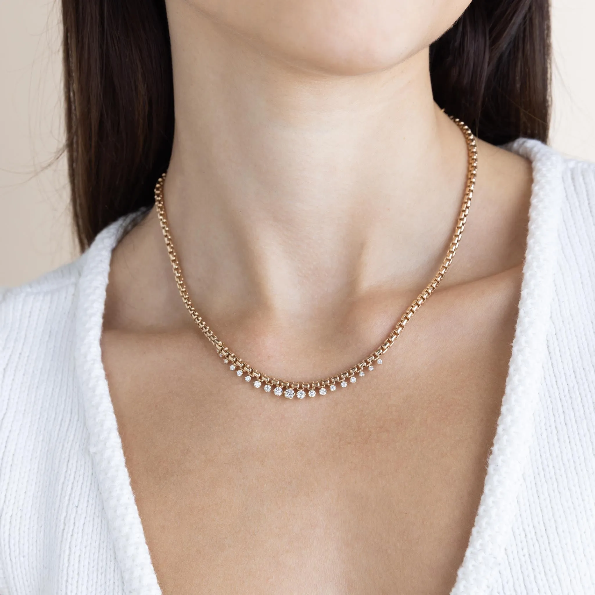 14k Graduated Prong Diamond Large Box Chain Necklace