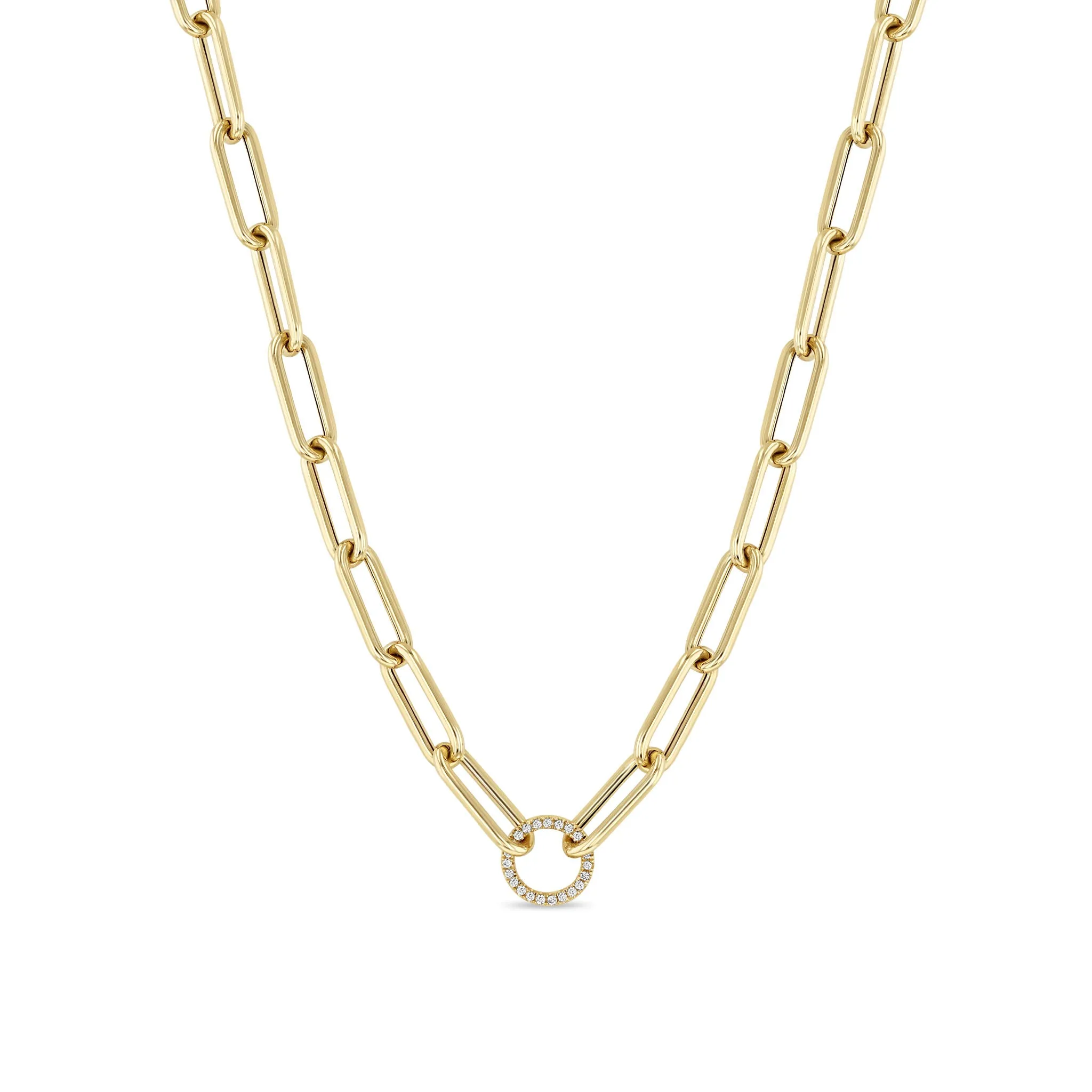 14k Pavé Diamond Circle Large Paperclip Chain Necklace