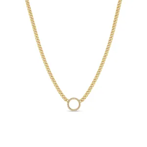 14k Pavé Diamond Circle Pendant Small Curb Chain Necklace