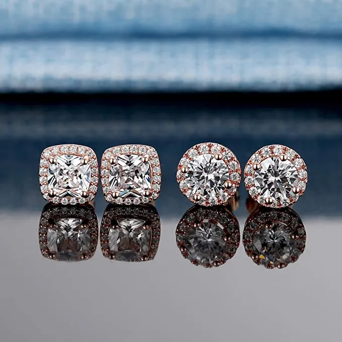 18K Rose Gold Plated Diamond Halo Stud Earrings