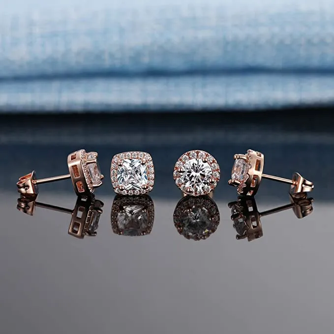 18K Rose Gold Plated Diamond Halo Stud Earrings