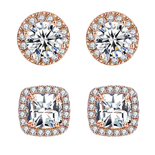 18K Rose Gold Plated Diamond Halo Stud Earrings