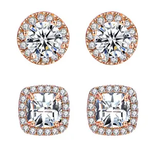 18K Rose Gold Plated Diamond Halo Stud Earrings