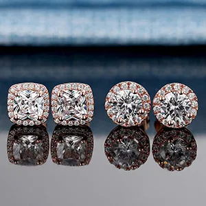 18K Rose Gold Plated Diamond Halo Stud Earrings
