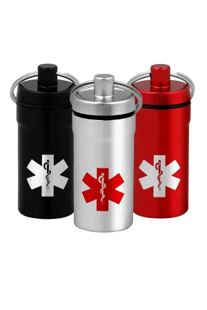 3 Mini Stash Jars, Airtight Waterproof Smell Proof Container Pill Holder with Medical Emblem, Secures Nitroglycerin Nitro Bottle Aspirin Ibuprofen Medications Herbs Food plus, EDC Keychain Fob
