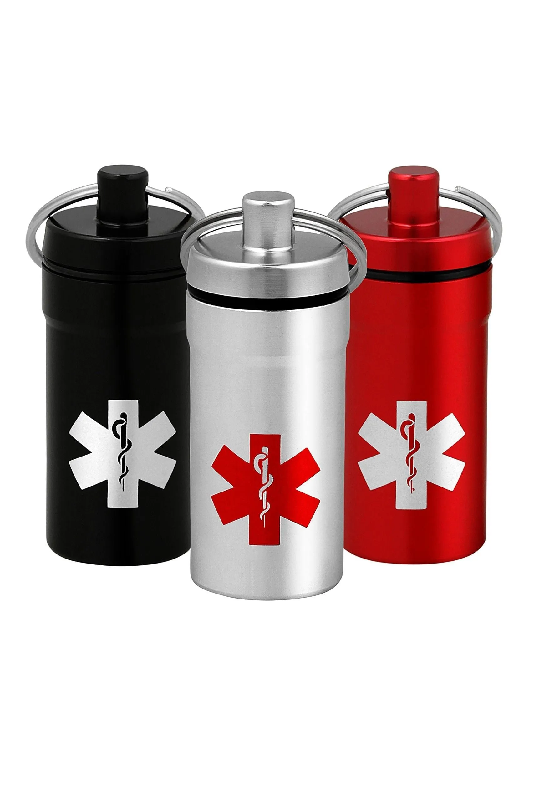 3 Mini Stash Jars, Airtight Waterproof Smell Proof Container Pill Holder with Medical Emblem, Secures Nitroglycerin Nitro Bottle Aspirin Ibuprofen Medications Herbs Food plus, EDC Keychain Fob