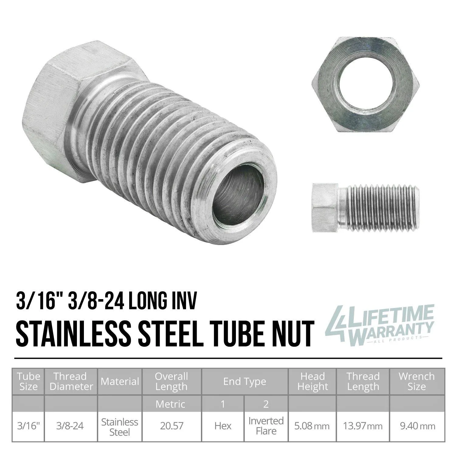 3/16" (3/8-24 Inverted) | Stainless Steel Brake Line Tube Nut | Long | 10ct