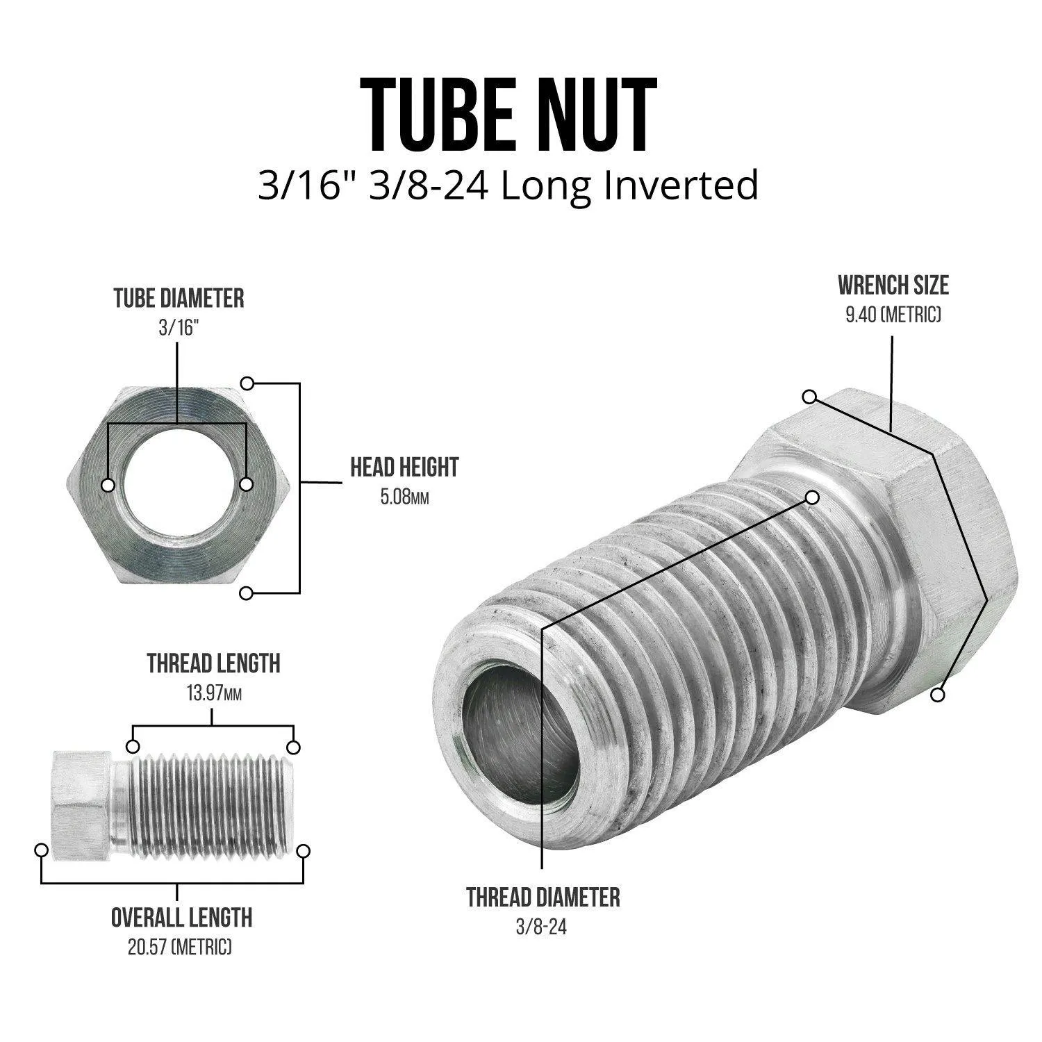 3/16" (3/8-24 Inverted) | Stainless Steel Brake Line Tube Nut | Long | 10ct