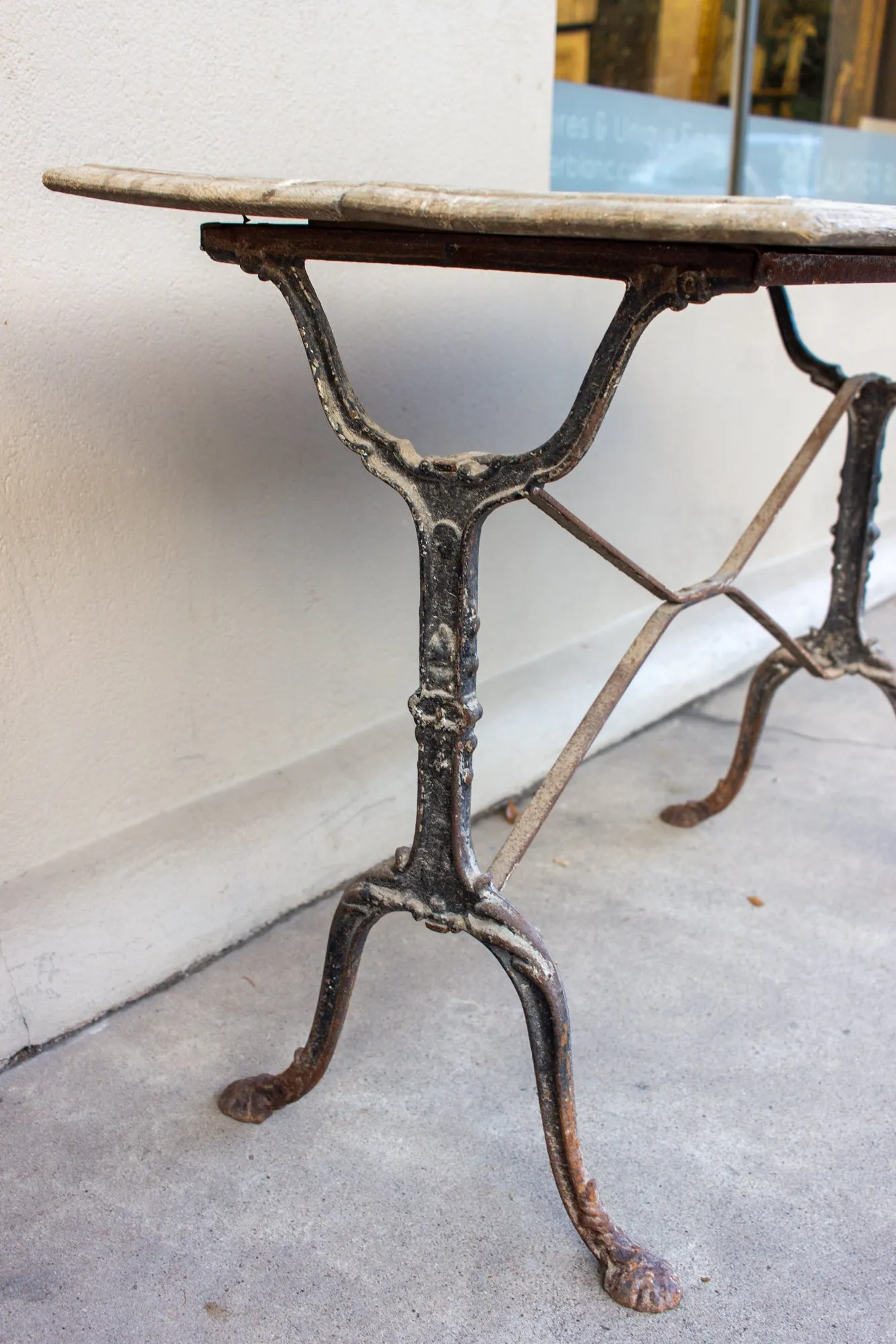 Antique French Distressed Garden Bistro Table with Black Iron Base