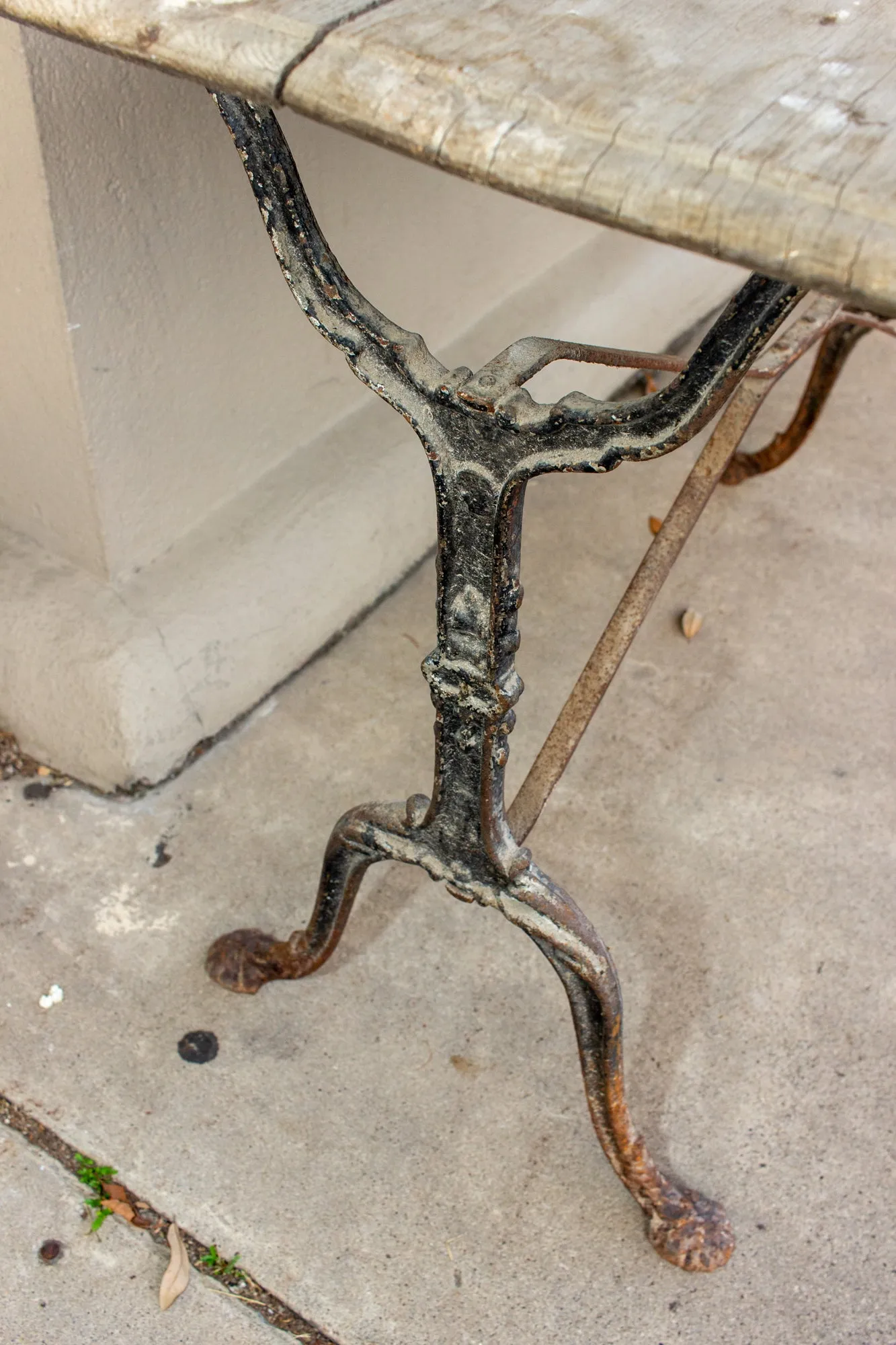 Antique French Distressed Garden Bistro Table with Black Iron Base