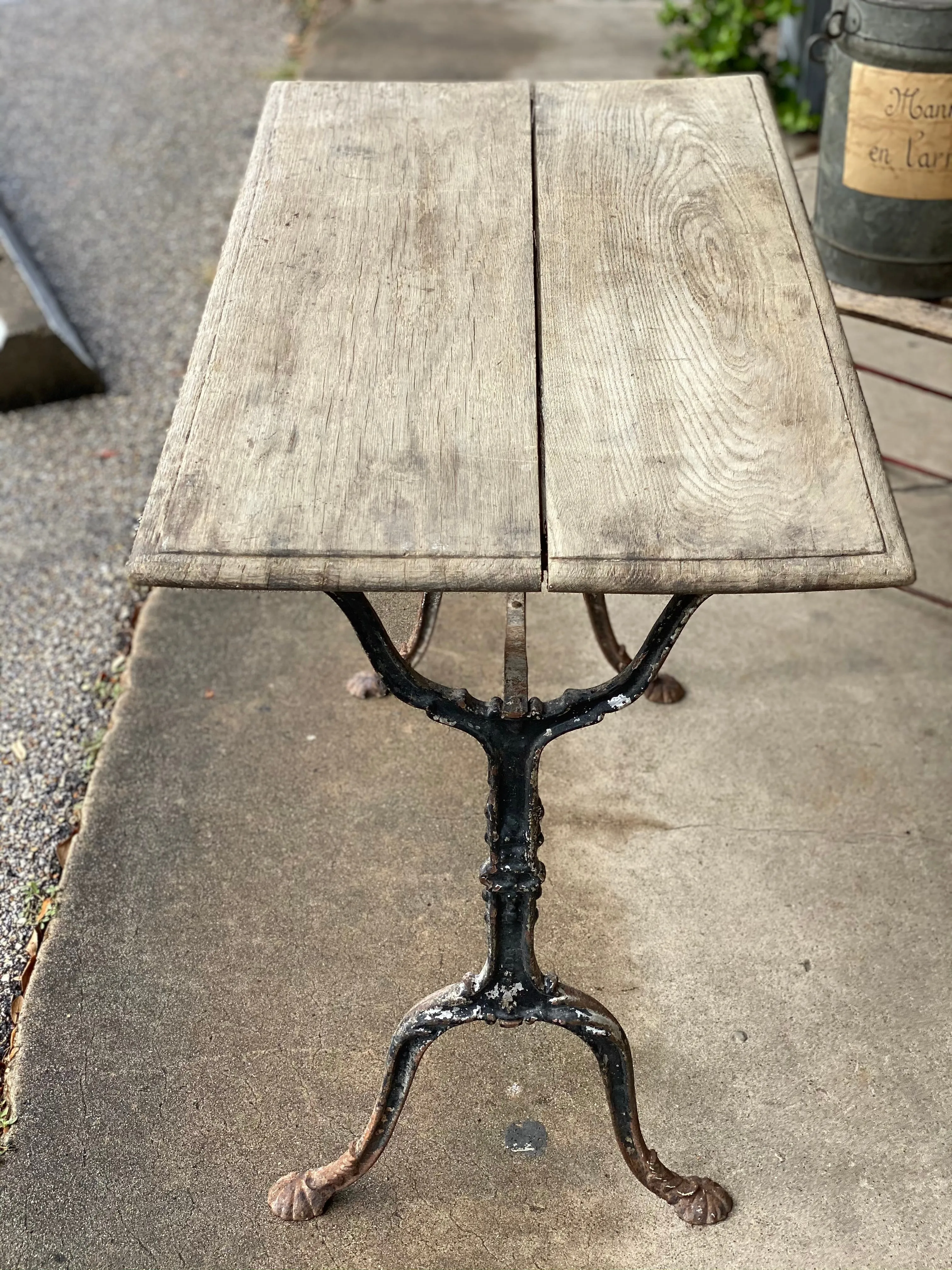 Antique French Distressed Garden Bistro Table with Black Iron Base