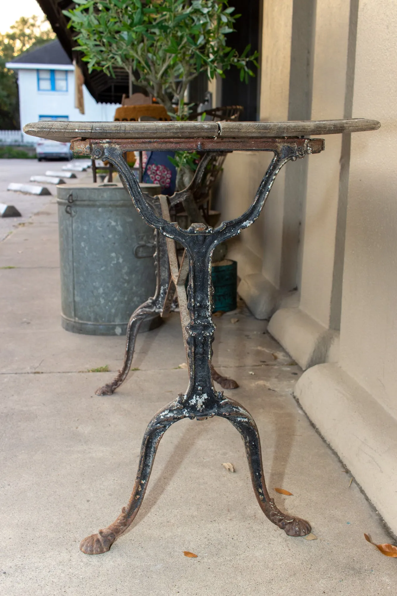 Antique French Distressed Garden Bistro Table with Black Iron Base