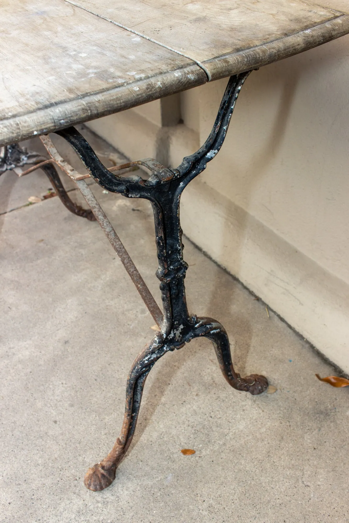 Antique French Distressed Garden Bistro Table with Black Iron Base