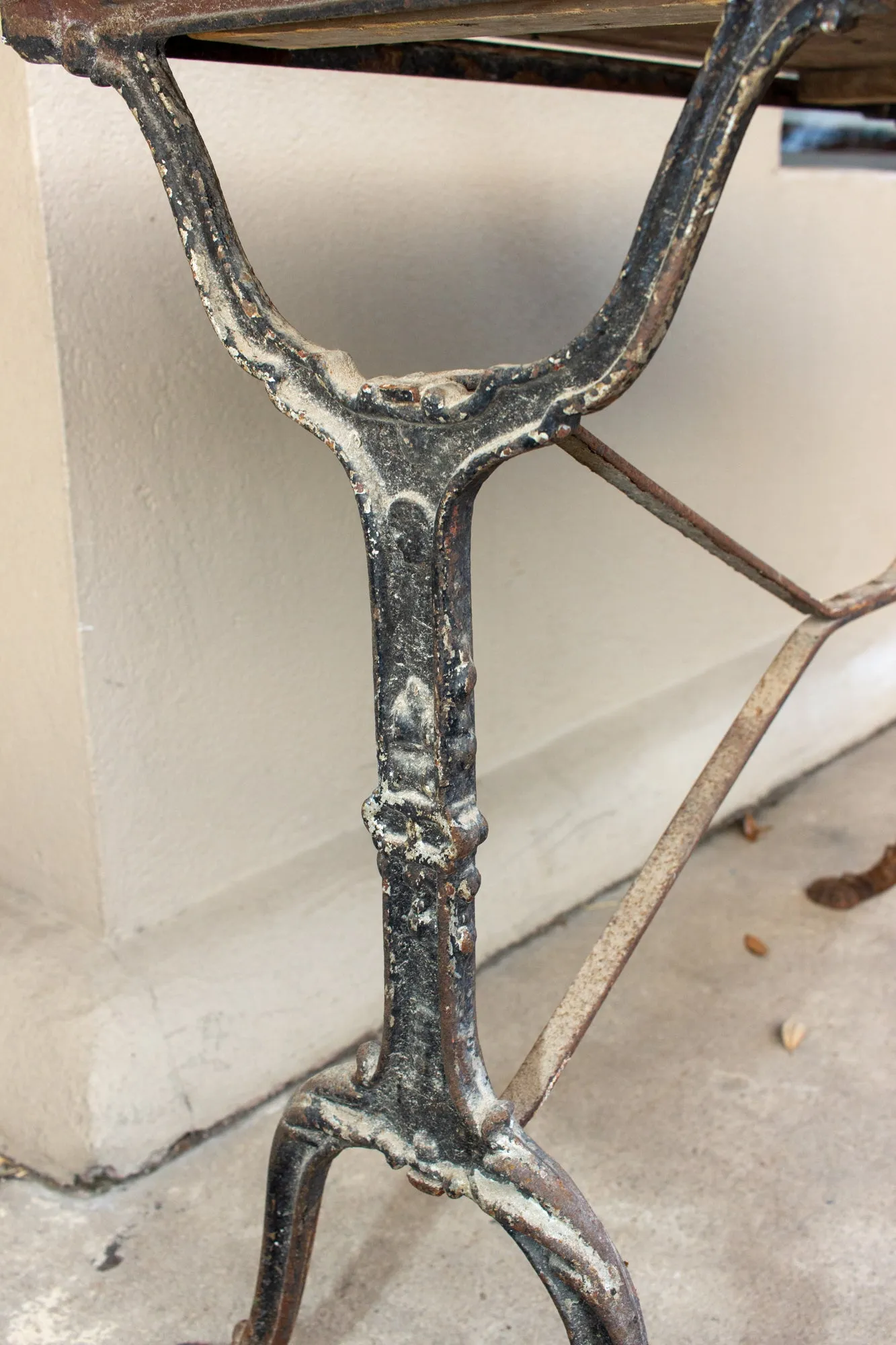 Antique French Distressed Garden Bistro Table with Black Iron Base