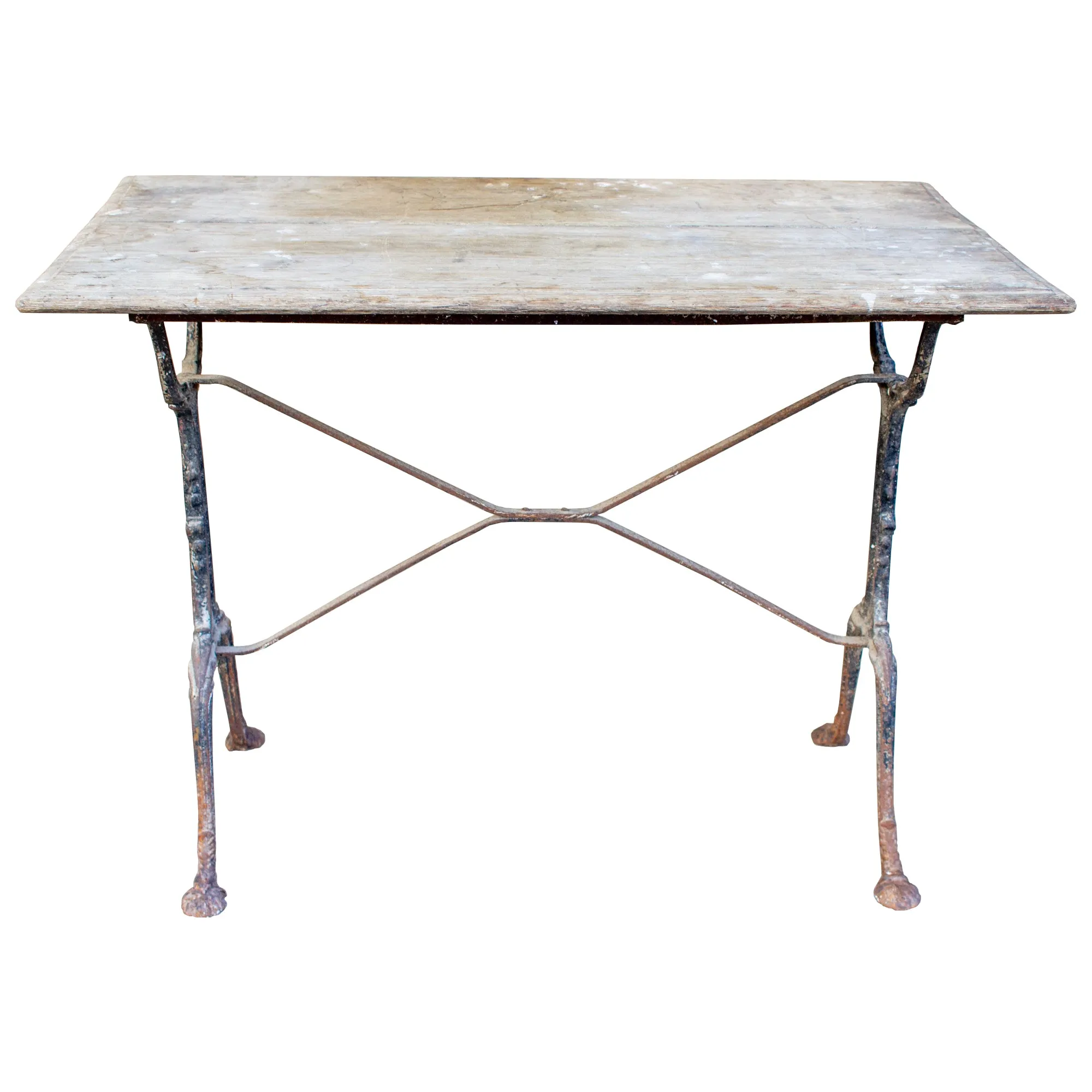 Antique French Distressed Garden Bistro Table with Black Iron Base