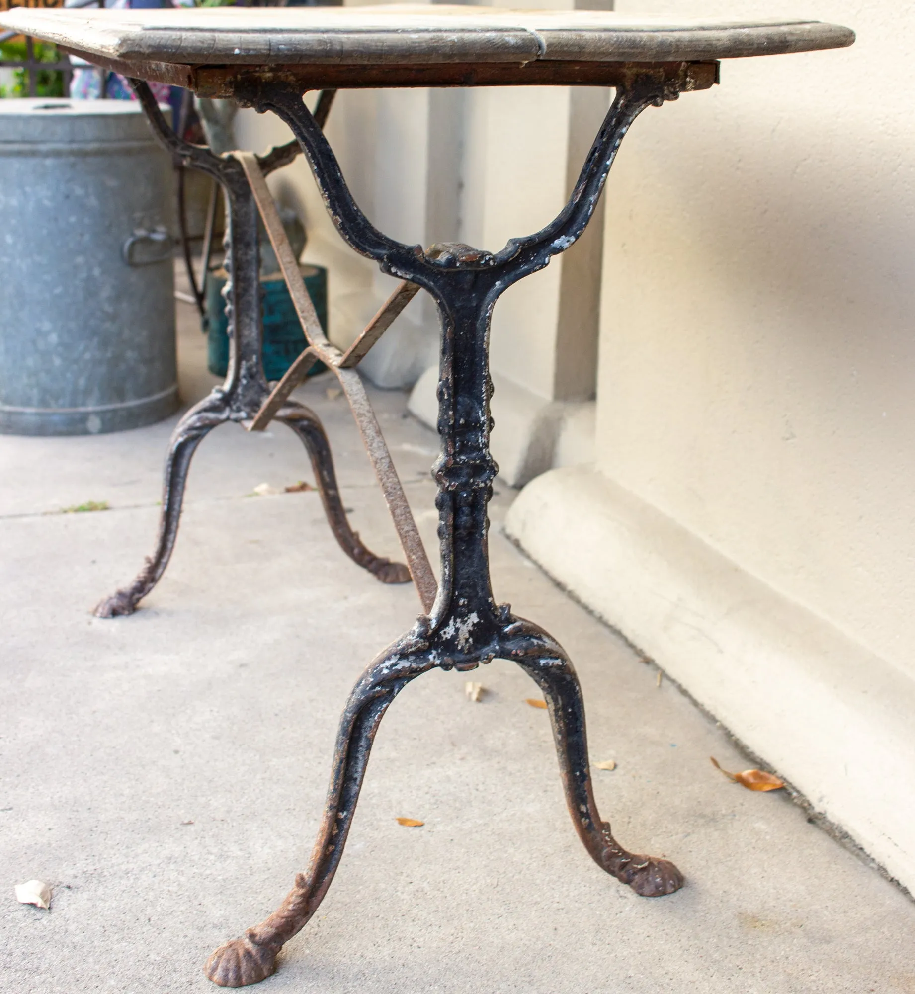 Antique French Distressed Garden Bistro Table with Black Iron Base
