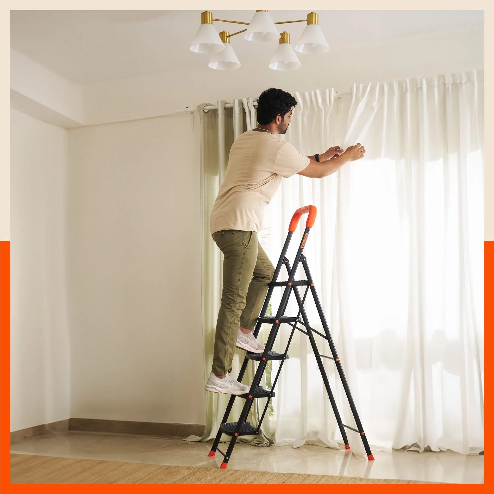 Bathla Ascend 5 Step Heavy Duty Steel Ladder for Home - Orange & Black