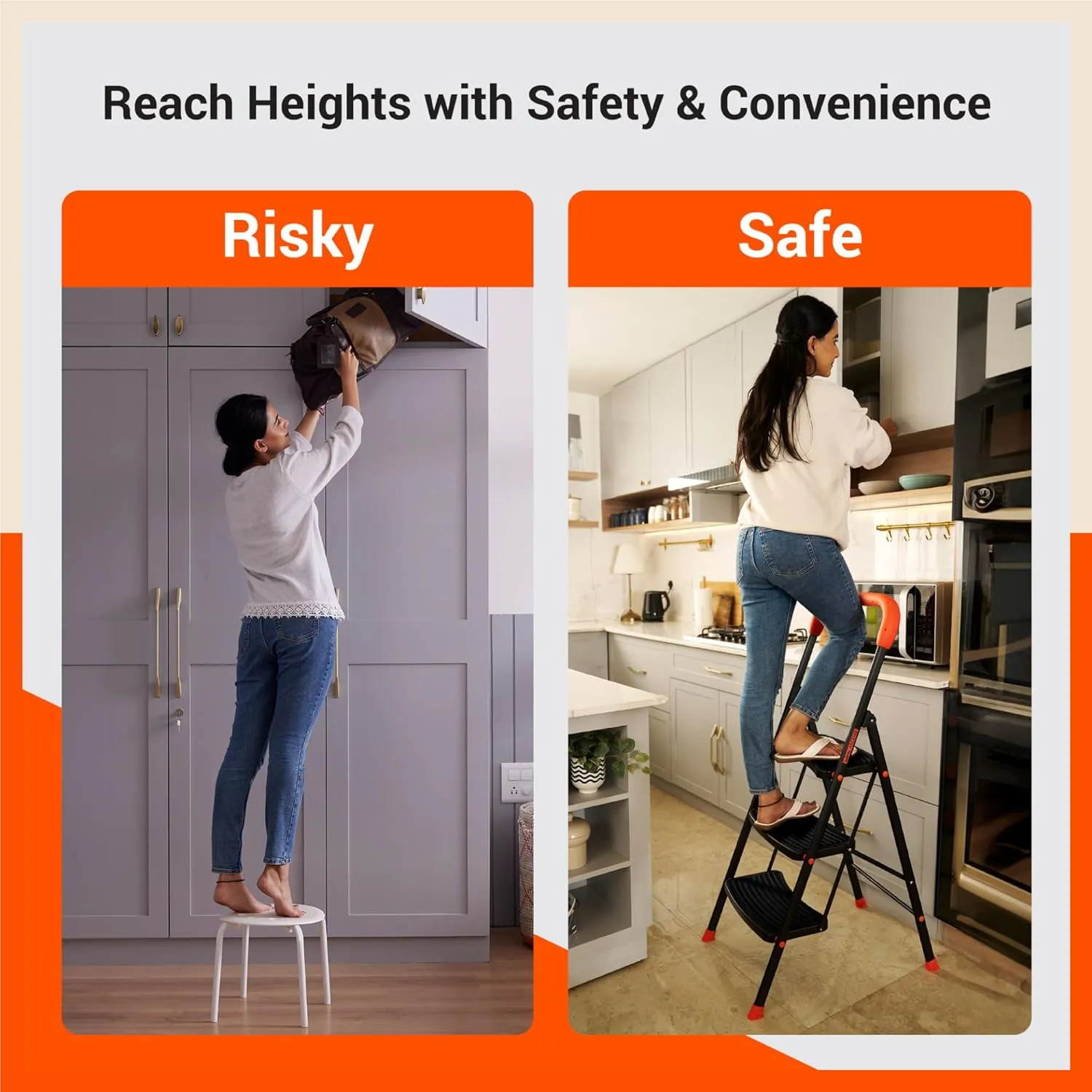 Bathla Ascend 5 Step Heavy Duty Steel Ladder for Home - Orange & Black