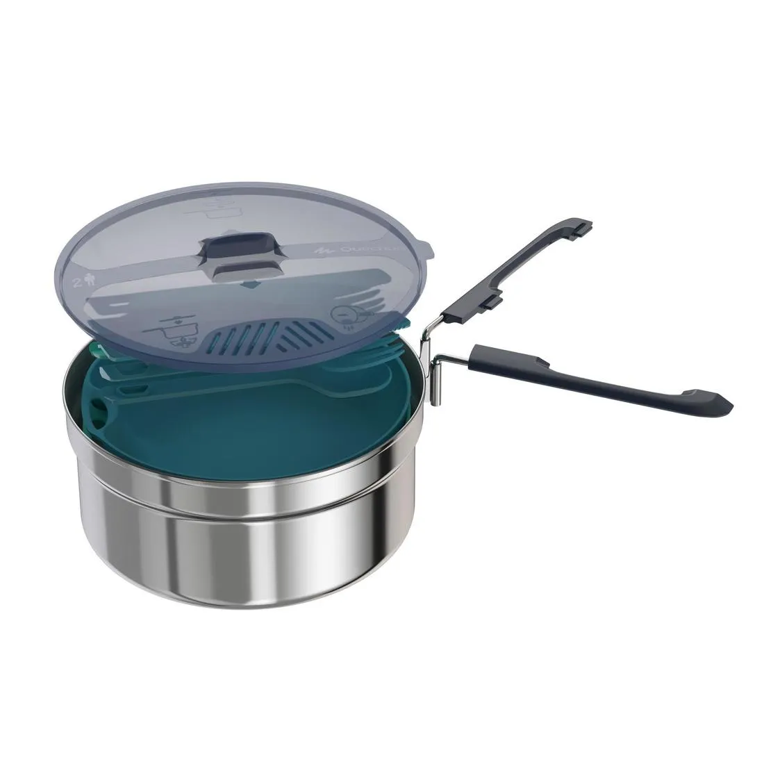 Camping and bivouacking cooking set in stainless steel 100 - 2 persons-10 items.