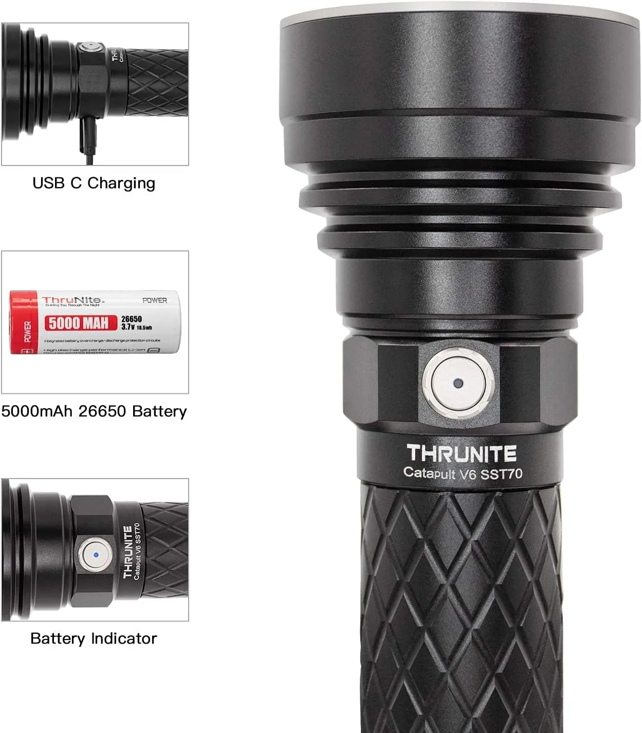 Catapult V6 SST70 USB-C Rechargeable Flashlight, 2836 Lumens, 692M Long Beam Distance, High-Performance LED Searchlight for Tactical, Camping, and Hiking, Black, Cool White - CW