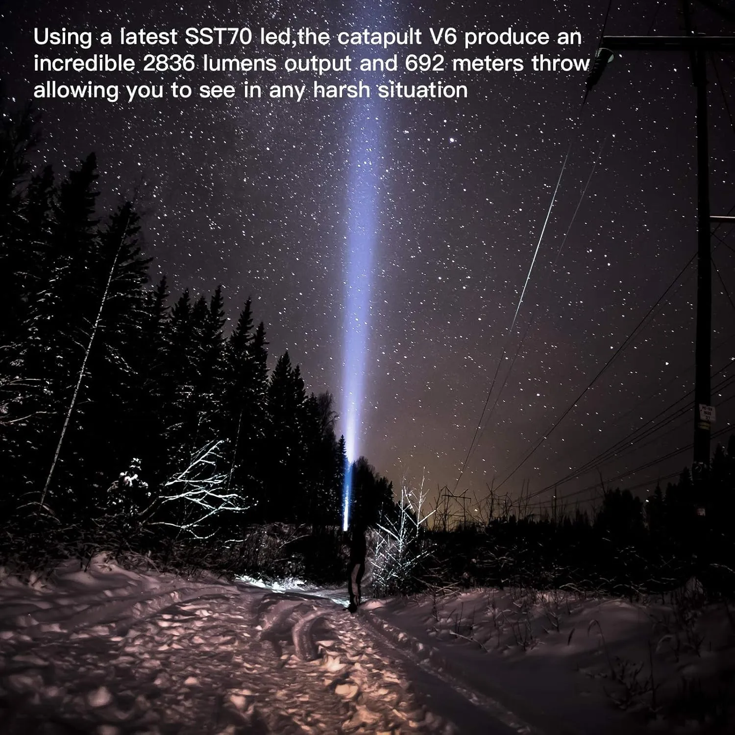 Catapult V6 SST70 USB-C Rechargeable Flashlight, 2836 Lumens, 692M Long Beam Distance, High-Performance LED Searchlight for Tactical, Camping, and Hiking, Black, Cool White - CW