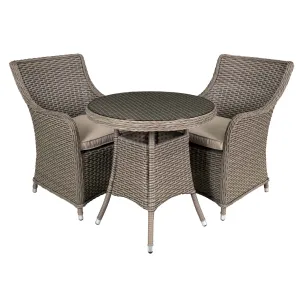 Chester 3 Piece Rattan Wicker Outdoor Dining Set with Tempered Glass Table Top, Brown - DG86