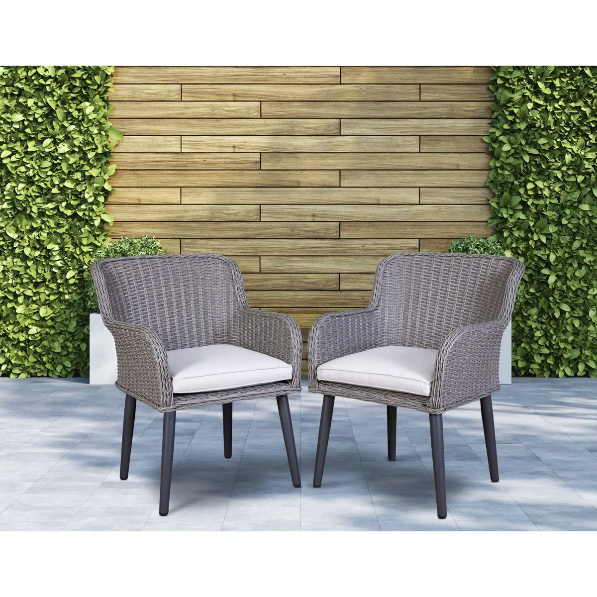 Dellonda Buxton Rattan Wicker Outdoor Dining Armchairs with Cushion, Set of 2, Grey