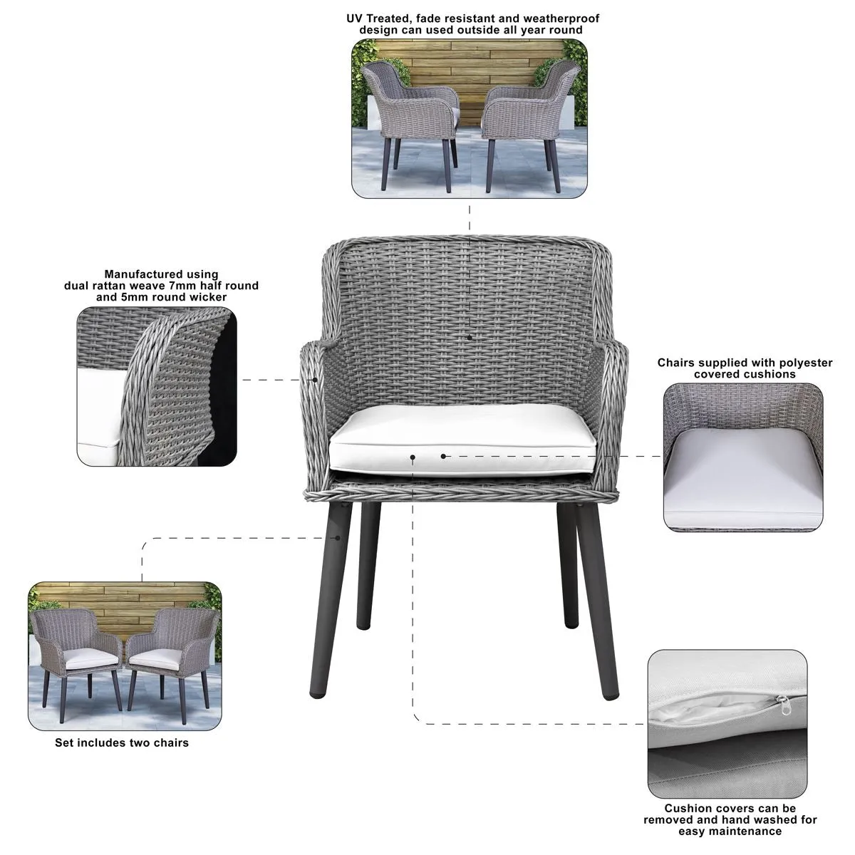 Dellonda Buxton Rattan Wicker Outdoor Dining Armchairs with Cushion, Set of 2, Grey
