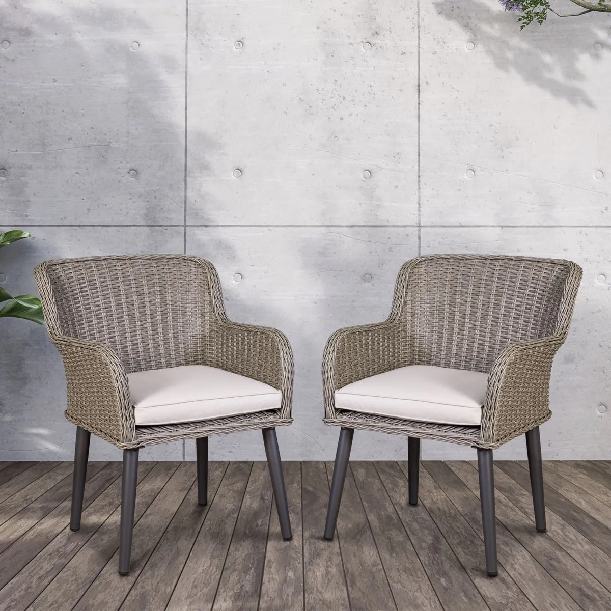 Dellonda Buxton Rattan Wicker Outdoor Dining Armchairs with Cushion, Set of 2, Grey