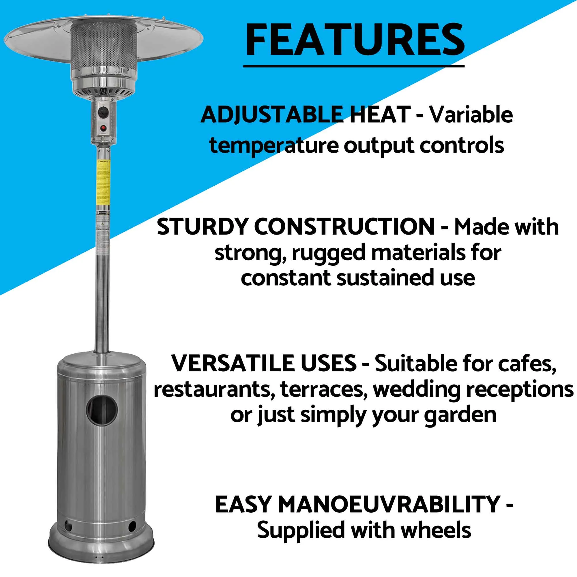 Freestanding Gas Patio Heater 13kW with Wheels & Cover, Stainless Steel - DG221