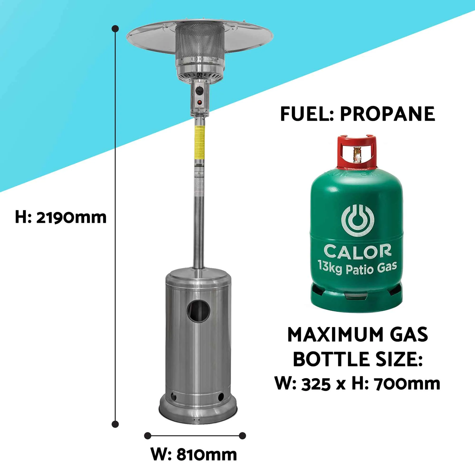 Freestanding Gas Patio Heater 13kW with Wheels & Cover, Stainless Steel - DG221