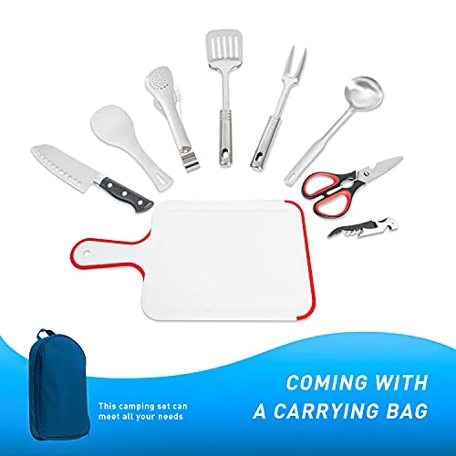 Gonioa Portable Outdoor Utensil Kitchen Set, 9 Piece Camp Kitchen Cooking Utensil Set, Cookware Equipment Kit and Chopping Board, Scissors & Camp Knife, Grill Supplies or Camping, Hiking, RV, Travel