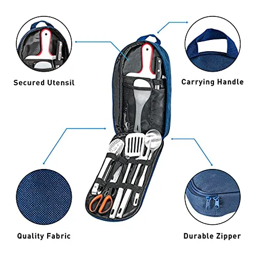 Gonioa Portable Outdoor Utensil Kitchen Set, 9 Piece Camp Kitchen Cooking Utensil Set, Cookware Equipment Kit and Chopping Board, Scissors & Camp Knife, Grill Supplies or Camping, Hiking, RV, Travel