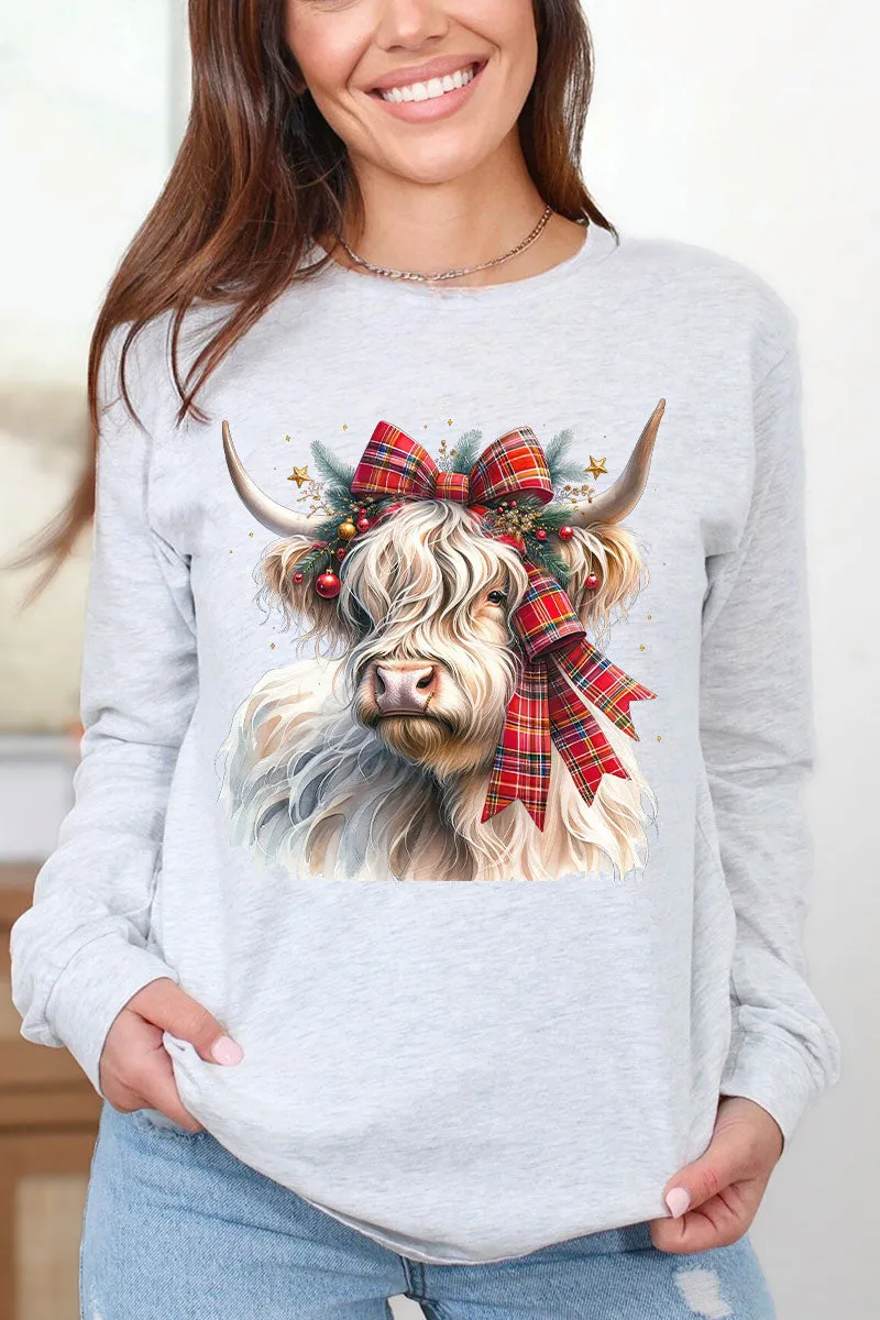 Holiday Highland Cow Heavy Cotton Long Sleeve Adult T-Shirt