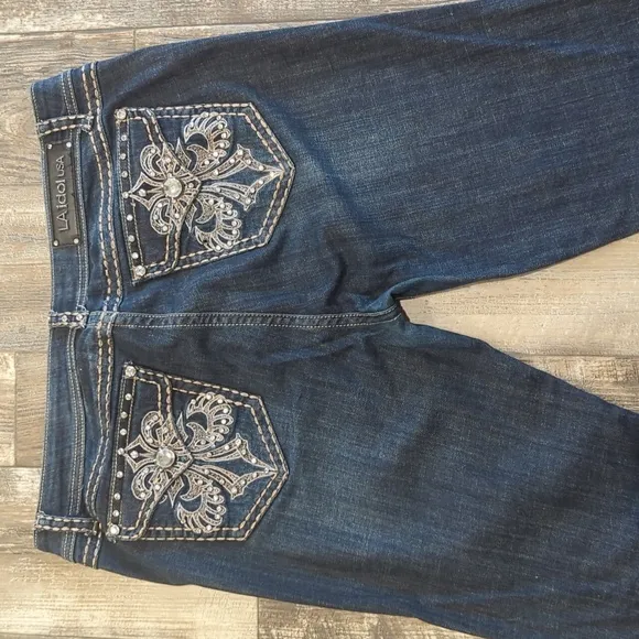 L.A. Idol USA bootcut blingy distressed jeans cowgirl/rodeo sz 15 37x34L TALL