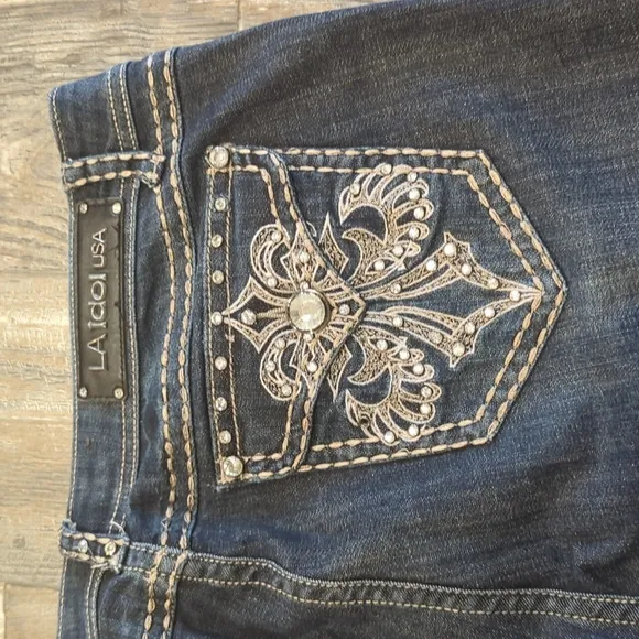 L.A. Idol USA bootcut blingy distressed jeans cowgirl/rodeo sz 15 37x34L TALL