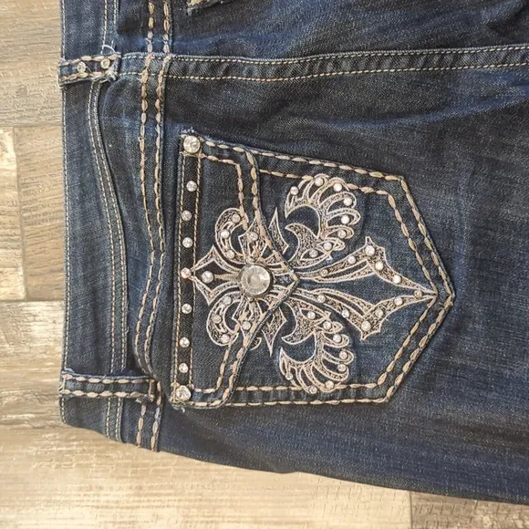 L.A. Idol USA bootcut blingy distressed jeans cowgirl/rodeo sz 15 37x34L TALL