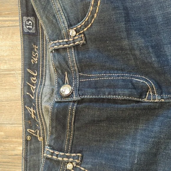 L.A. Idol USA bootcut blingy distressed jeans cowgirl/rodeo sz 15 37x34L TALL