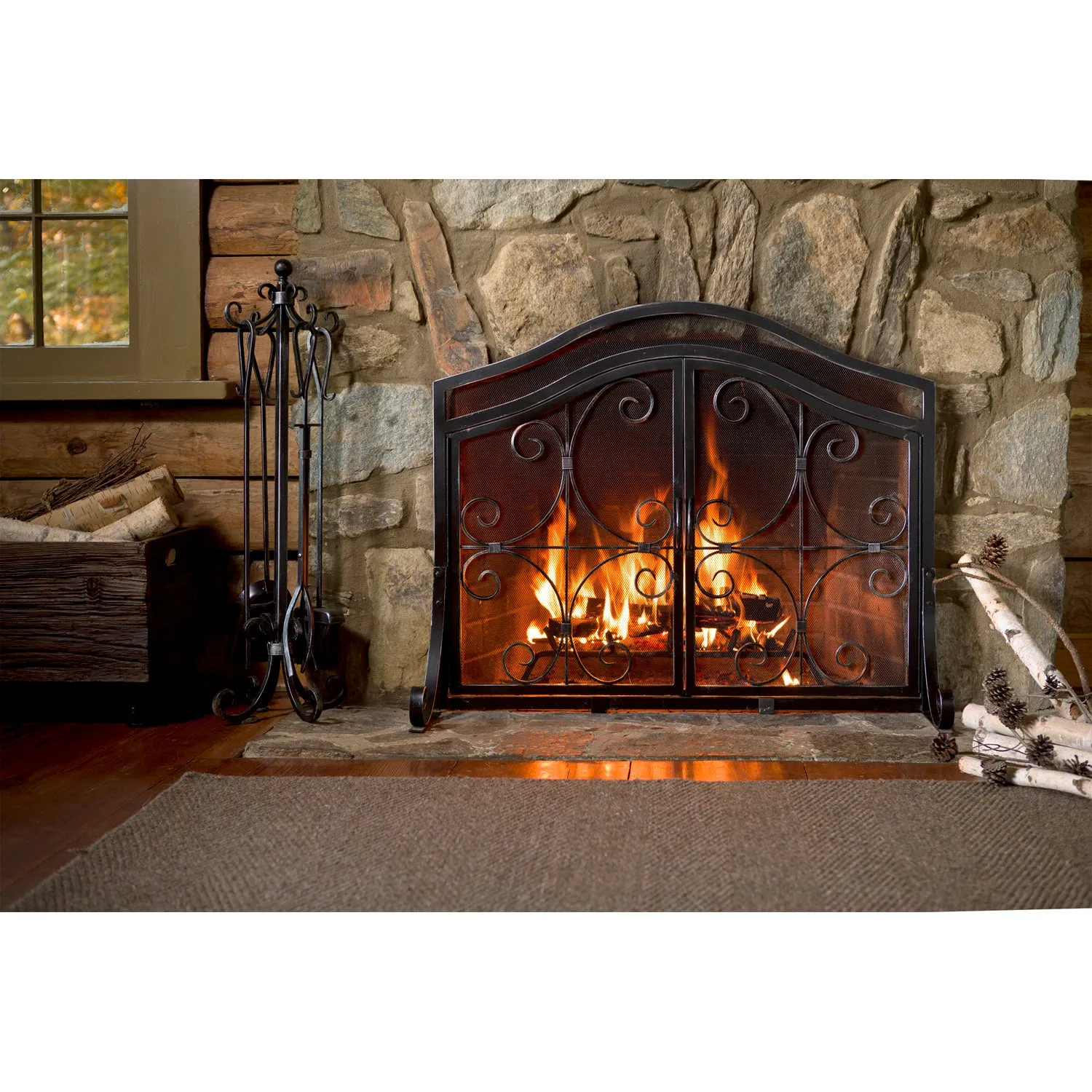 Large Crest Fireplace Screen With Doors - Black,47m2462