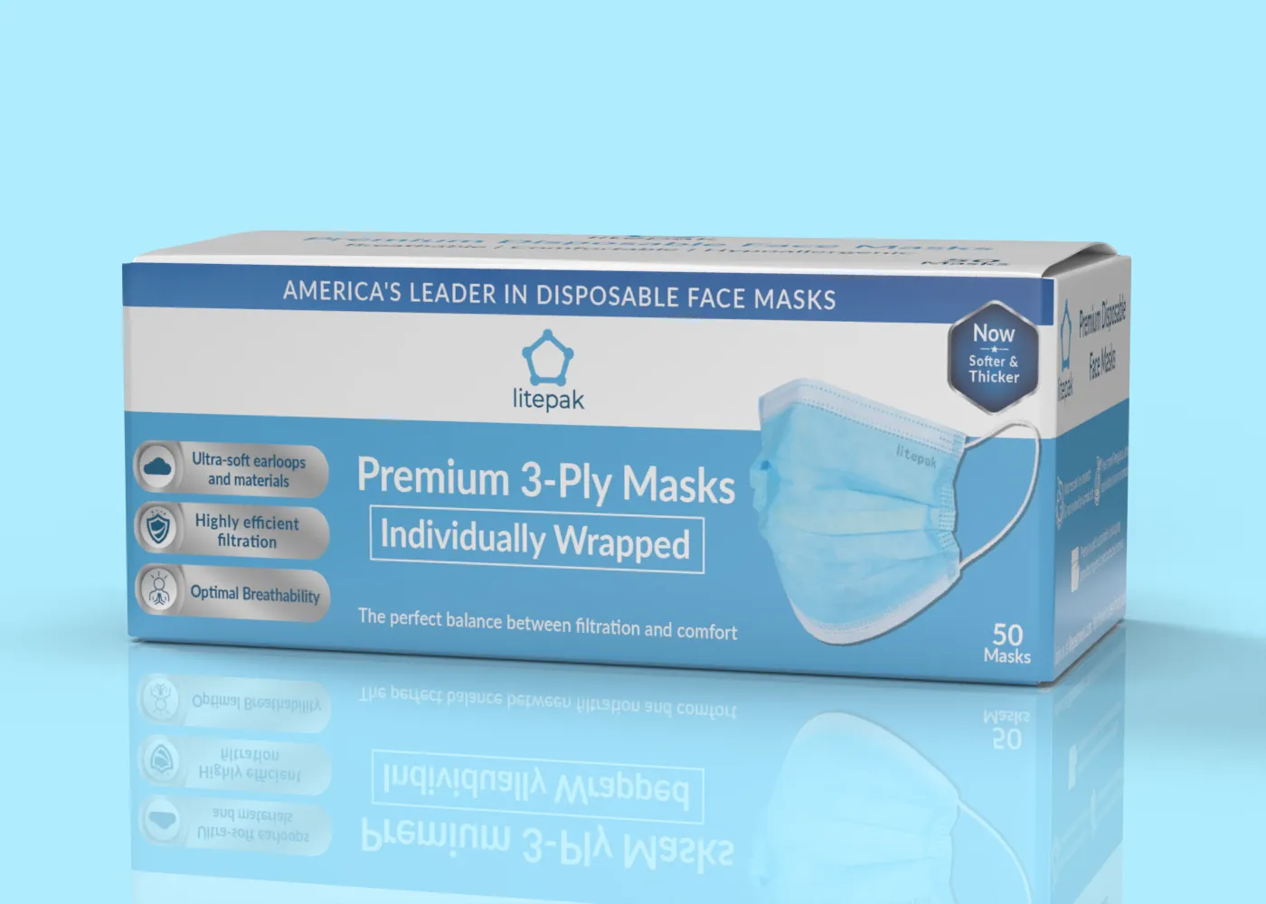 Litepak Premium Disposable Face Masks 3-Ply (50-Pack, Individually Wrapped)