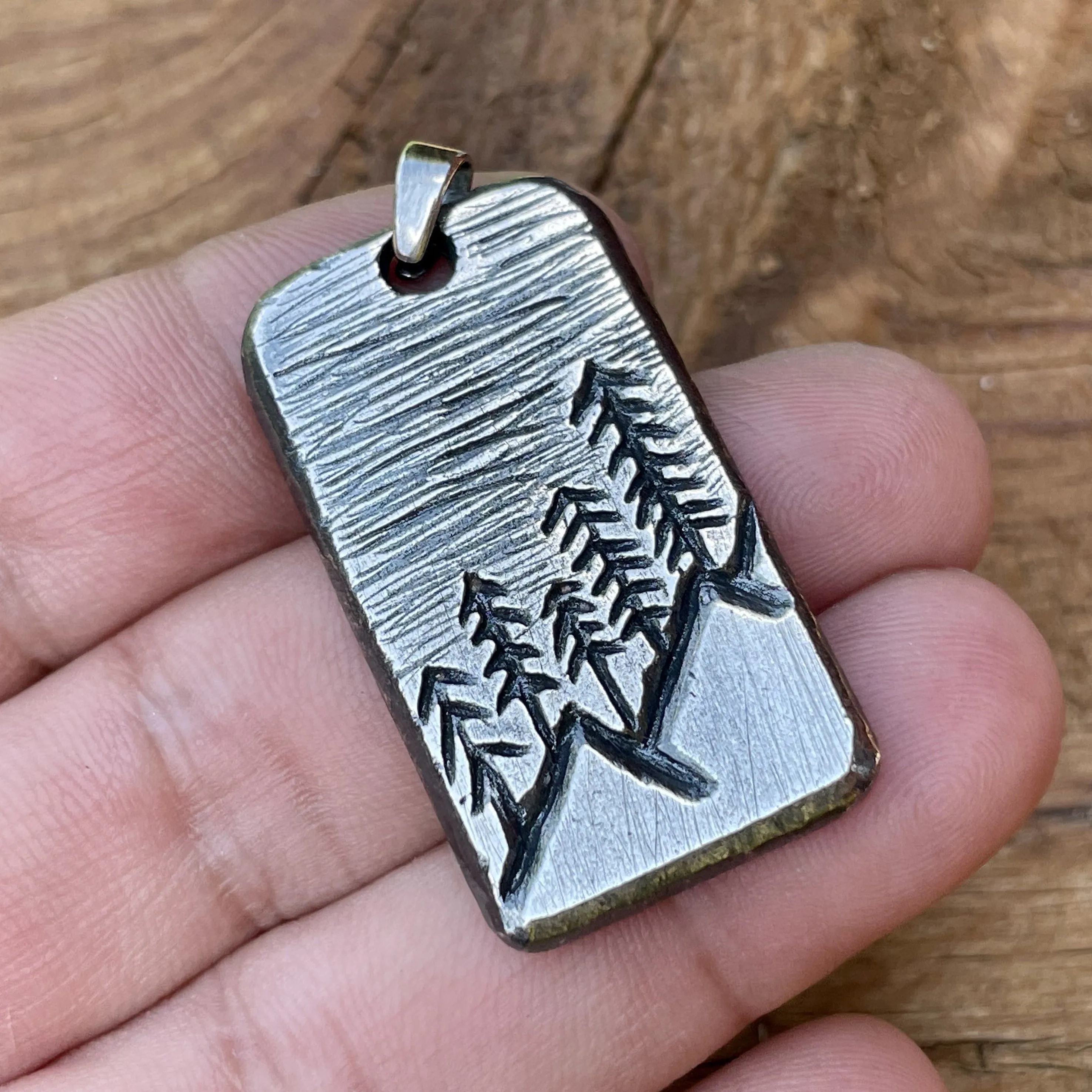 Mountain Scene Necklace Pendant in Rustic, Hand Forged Sterling Silver