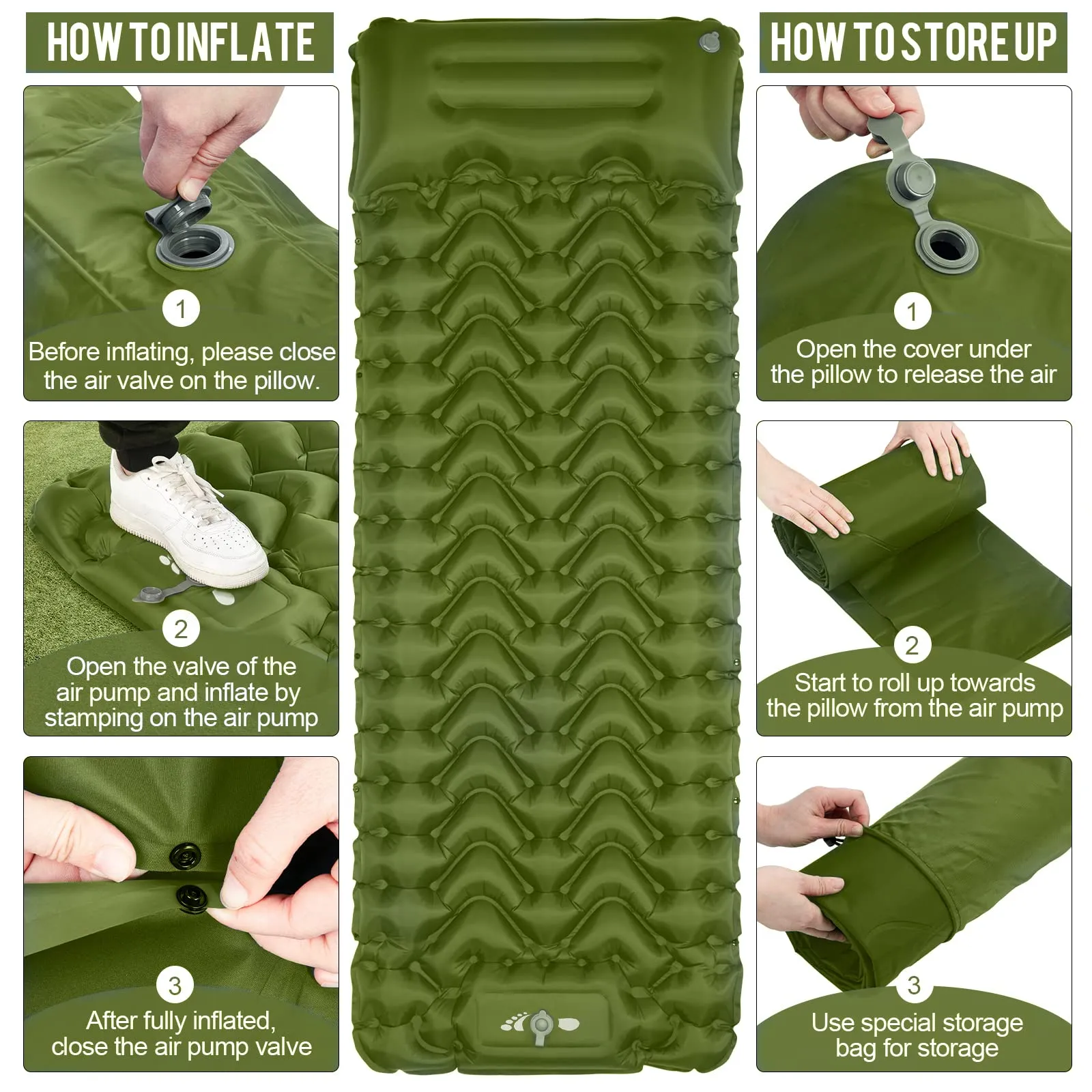 MOXILS Sleeping Pad, Ultralight Inflatable Sleeping Pad for Camping, Built-in Pump, Ultimate for Camping, Hiking, Airpad, Carry Bag, Repair Kit, Compact & Lightweight Air Mattress(Green)
