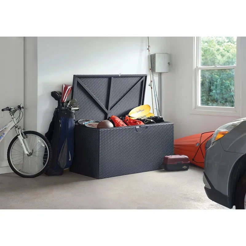 New Retails $300 Arrow Spacemaker 134.5 Gallon Water Resistant Metal Deck Box, Colour, Anthracite! Has 1 small dent on side & 2 inside bottom panel from transport- does not affect its use!