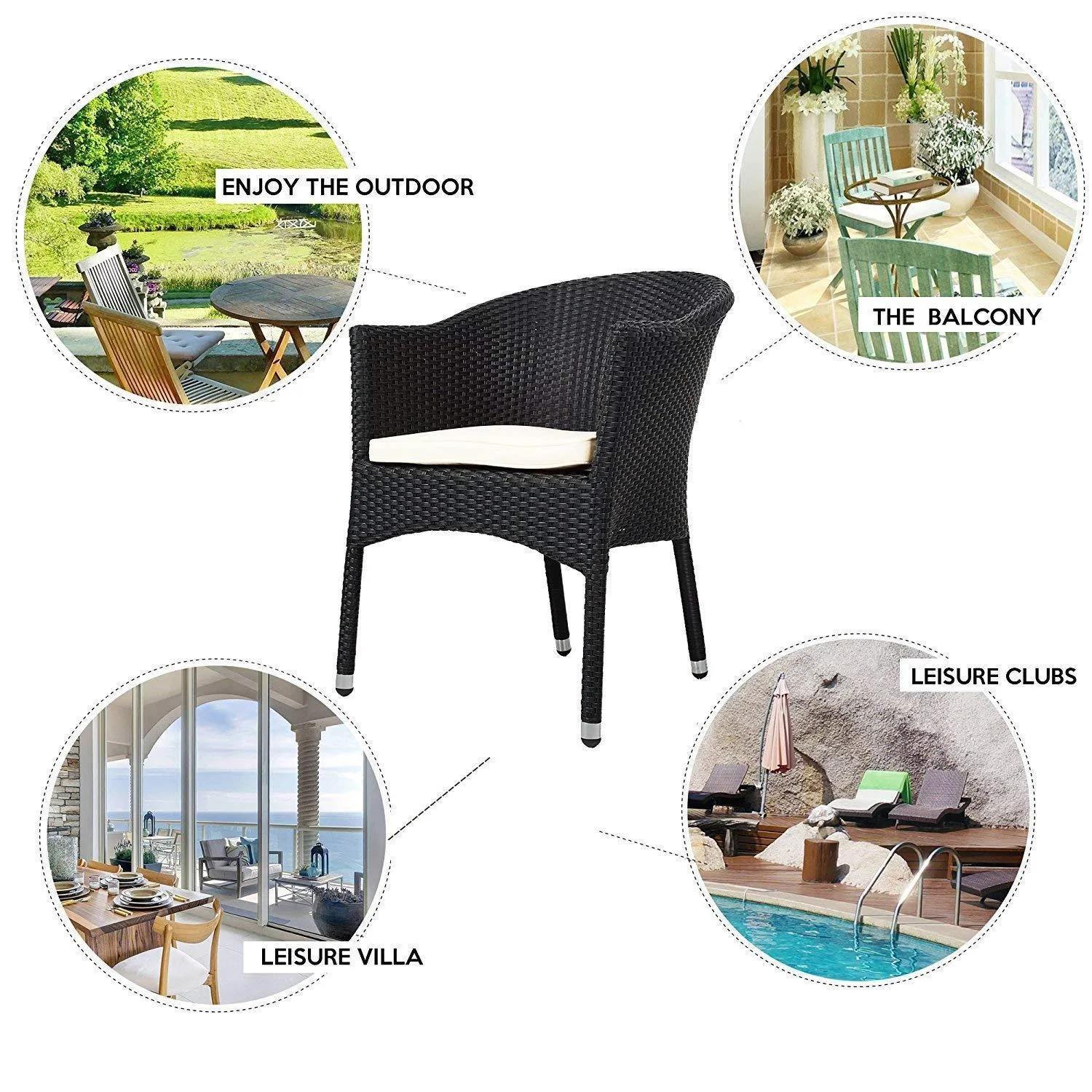 Outdoor Dining Rattan Chairs Patio Garden Furniture with Seat Cushions, Black