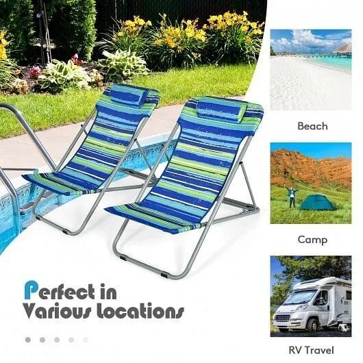 Portable Beach Chair Set of 2 with Headrest -Blue - Color: Blue