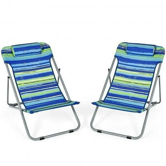 Portable Beach Chair Set of 2 with Headrest -Blue - Color: Blue