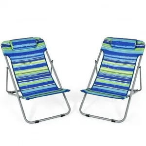 Portable Beach Chair Set of 2 with Headrest -Blue - Color: Blue