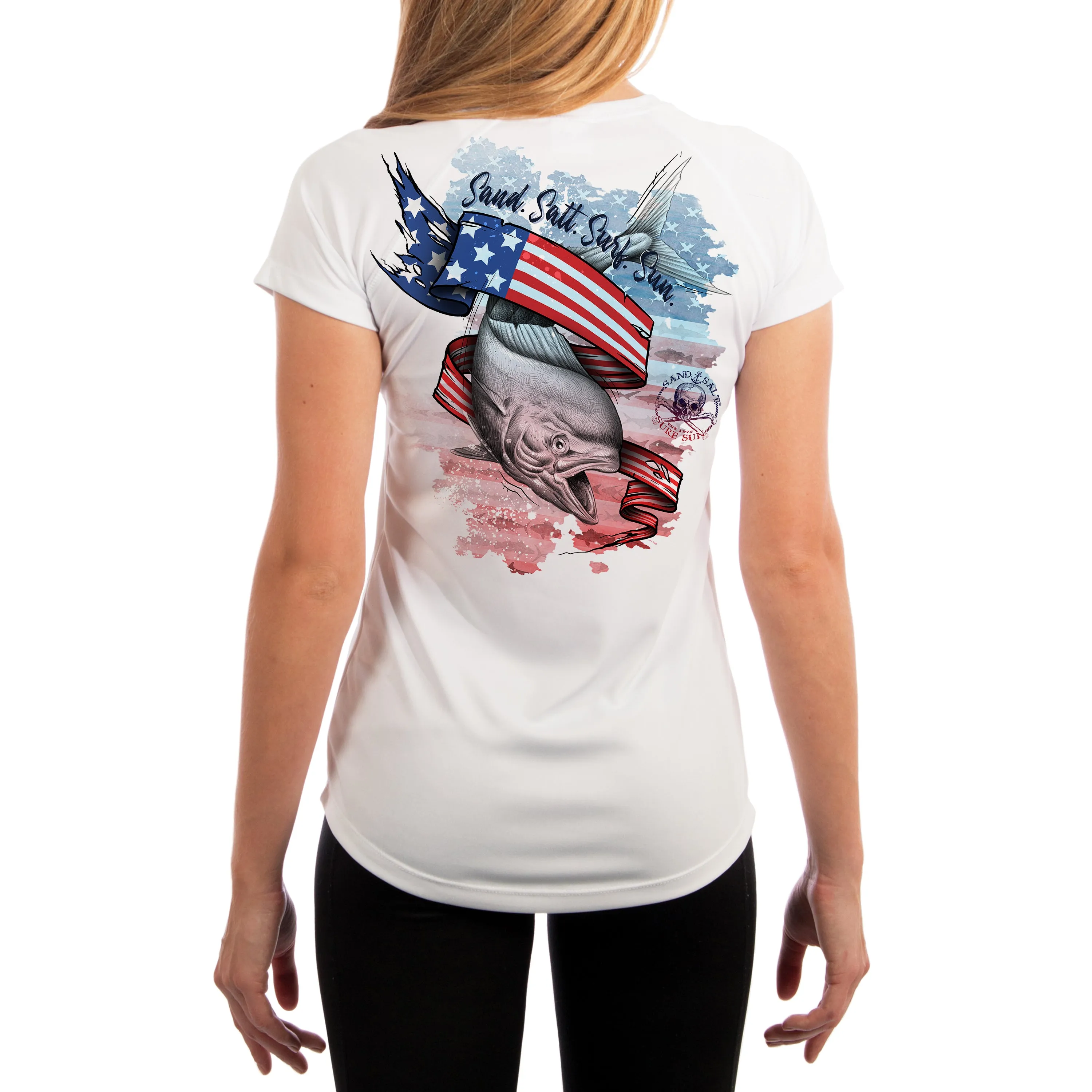 SAND.SALT.SURF.SUN. Flag Mahi Women's UPF 50  UV Sun Protection Performance Short Sleeve T-Shirt