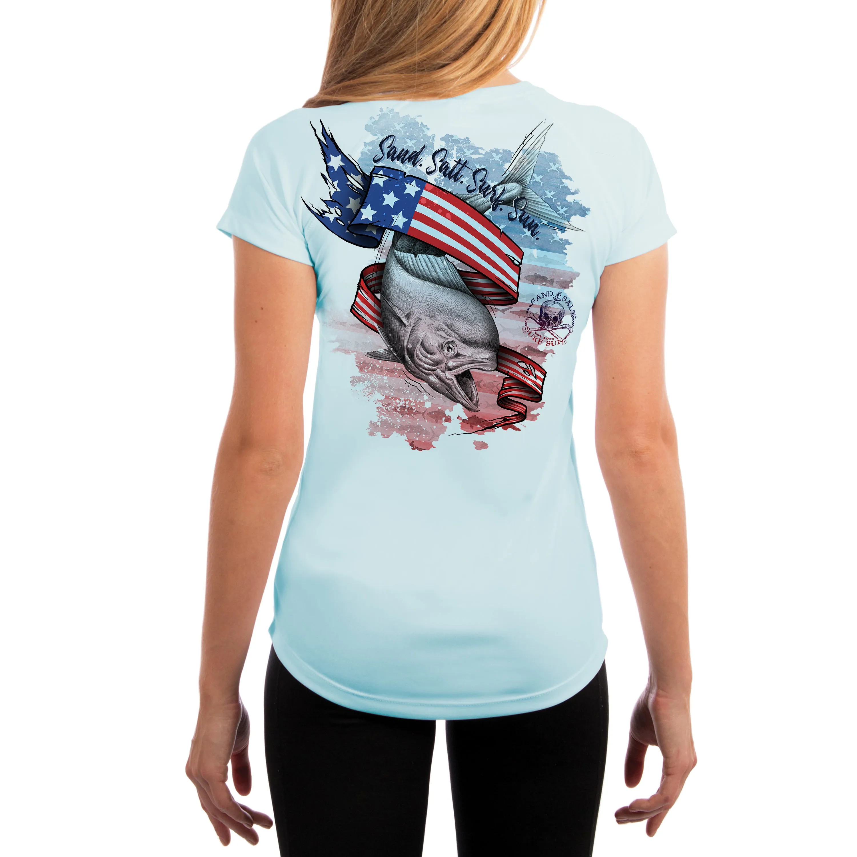 SAND.SALT.SURF.SUN. Flag Mahi Women's UPF 50  UV Sun Protection Performance Short Sleeve T-Shirt